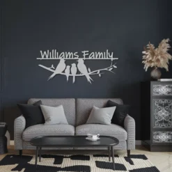 Silver Colored Custom Family Name Metal Sign with Birds Living Room Display