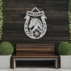 Silver Colored Floral Horseshoe Welcome Metal Sign Patio Decor