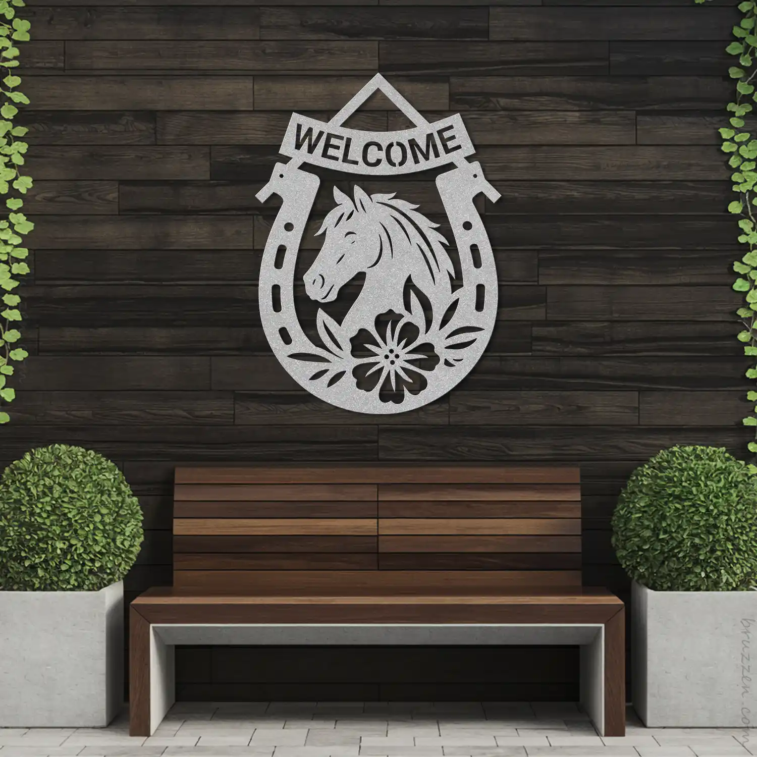 Silver Colored Floral Horseshoe Welcome Metal Sign Patio Decor