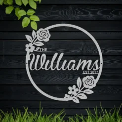 Silver Colored Metallic Floral Circle Family Name Est Date Sign Outdoor