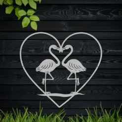 Silver Colored Romantic Flamingo Heart Metal Wall Hanging