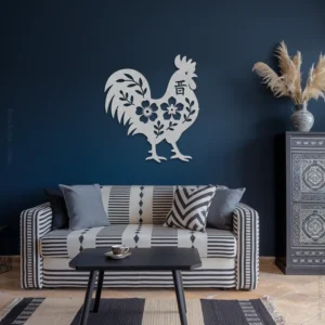 Silver Grey Decorative Chinese Zodiac Metal Rooster Modern Lounge Room Wall Art