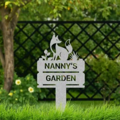 Silver colored custom name fox metal yard sign