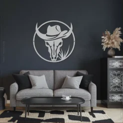Silver colored metallic cowboy bull skull wall hanging modern living room