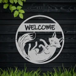 Silver colored metallic fox welcome sign