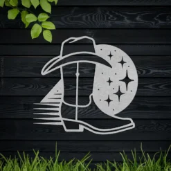 Silver colored metallic western nights cowboy boot hat line art