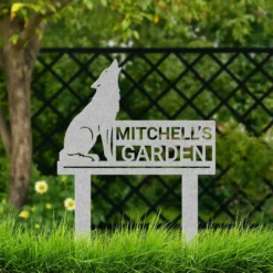 Silver colored personalized coyote garden metal sign