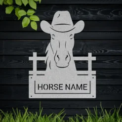 Silver colored personalized metal horse stall plate sign for outdoors