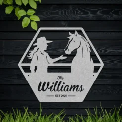 Silver gray custom cowgirl name established date metal sign wall hanging