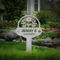 Silver grey custom floral garden name metal sign