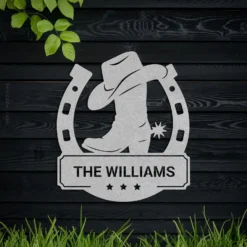 Silver grey personalized name horseshoe boot sign outside metal decor