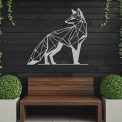 Silver large geometric fox metal wall art patio exterior
