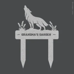 Silver powder-finished metal wolf yard sign with custom name