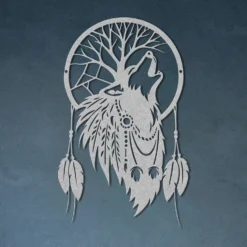 Silver finish tribal native American dream catcher wolf metal wall art