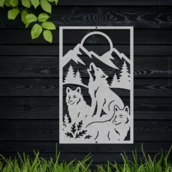Tall rectangle-framed Silver trio wolf pack metal wall art