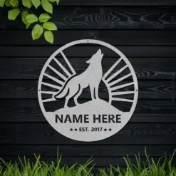 Silver weatherproof steel wolf established sign exterior