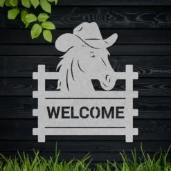 Silver whimsical cowboy horse welcome metal sign for outside