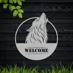 Silver wolf entryway welcome metal sign wildlife decor