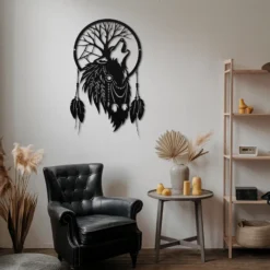 Tribal native American wolf metal wall art lounge room