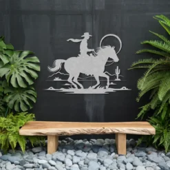 Weather resistant metallic cowboy desert horse ride art exterior patio & backyard decor