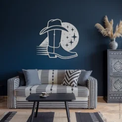 Western nights cowboy boot hat line art living room metal wall hanging