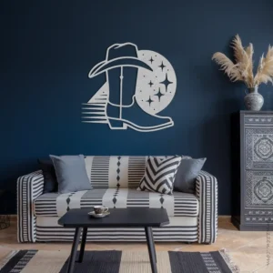 Western nights cowboy boot hat line art living room metal wall hanging