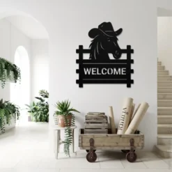 Whimsical cowboy horse welcome sign indoors