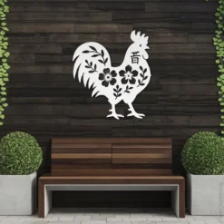White Large Decorative Chinese Zodiac Metal Rooster Wall Art Outdoor Patio