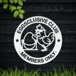 White Metallic Eggsclusive Club Funny Backyard Poultry Decor