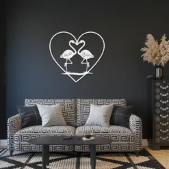 White Romantic Flamingo Heart Metal Wall Art