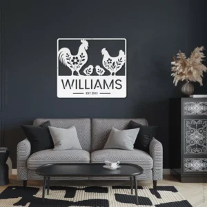 White Steel Custom Chicken Family Metal Sign Wall Hanging Living Room