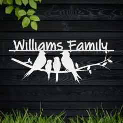 White Steel Custom Family Name Sign with Birds