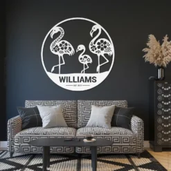 White Steel Custom Flamingo Family Name Est Sign