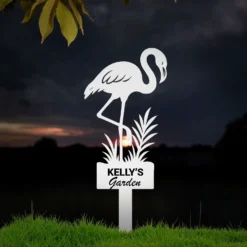 White Weatherproof Custom Name Flamingo Garden Metal Sign