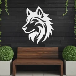 White abstract wolf coyote metal wall art outdoor patio