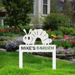 White custom metal caterpillar yard art whimsical outdoor decor