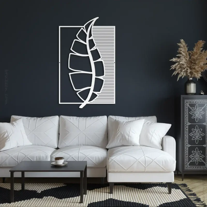 White geometric leaf metal wall art lounge room