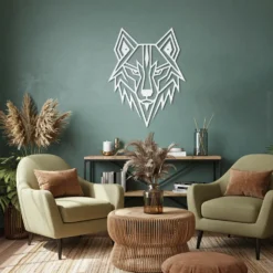 Minimalist white geometric wolf head metal wall art modern living room