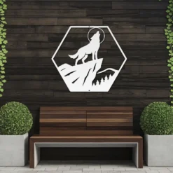 White hexagonal wolf howling at moon metal outside wall decor patio