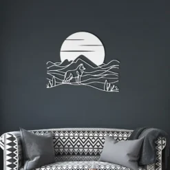 White metallic lone wolf line art living room wall decor