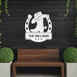 White metallic personalized name horseshoe boot sign patio decor