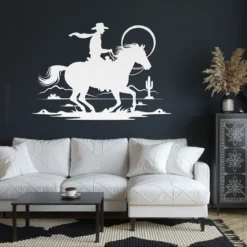 White metallic western cowboy desert horse ride wall art sitting room
