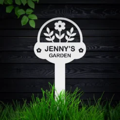 White personalized floral garden name metal sign