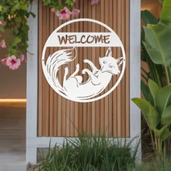 White powder coated steel fox welcome sign exterior decor