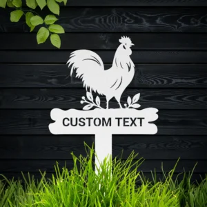 White powder coated steel rooster yard sign with custom name