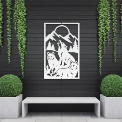 White steel trio wolf pack wall hanging tall rectangle