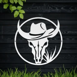 White weather proof cowboy bull skull metal wall art exterior