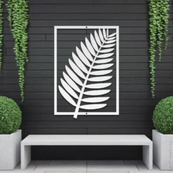 Large white weatherproof steel tropical fern wall art outdoor patio