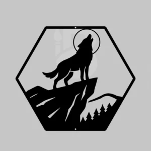 Hexagonal wolf howling-at moon metal wall art outdoor indoor