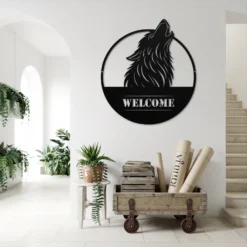 Wolf welcome black steel sign front door staircase